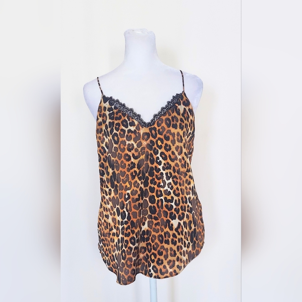 Express Lace Trim V Neck Sleeveless Camisole Top Blouse Womens XS Leopard